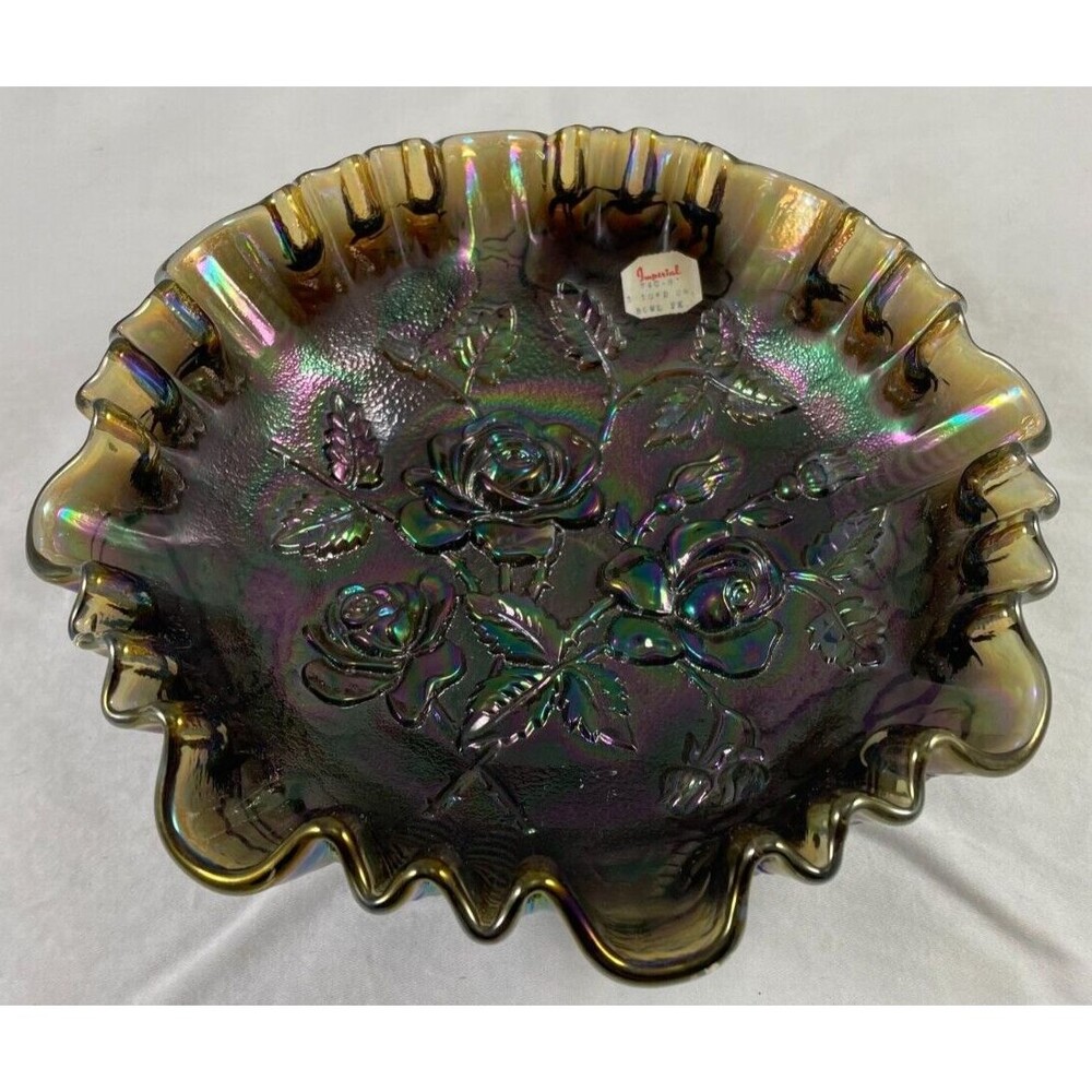 Black Rose Bowl Carnival Imperial Glass 3 Footed 8.25" Vintage Iridescent Luster